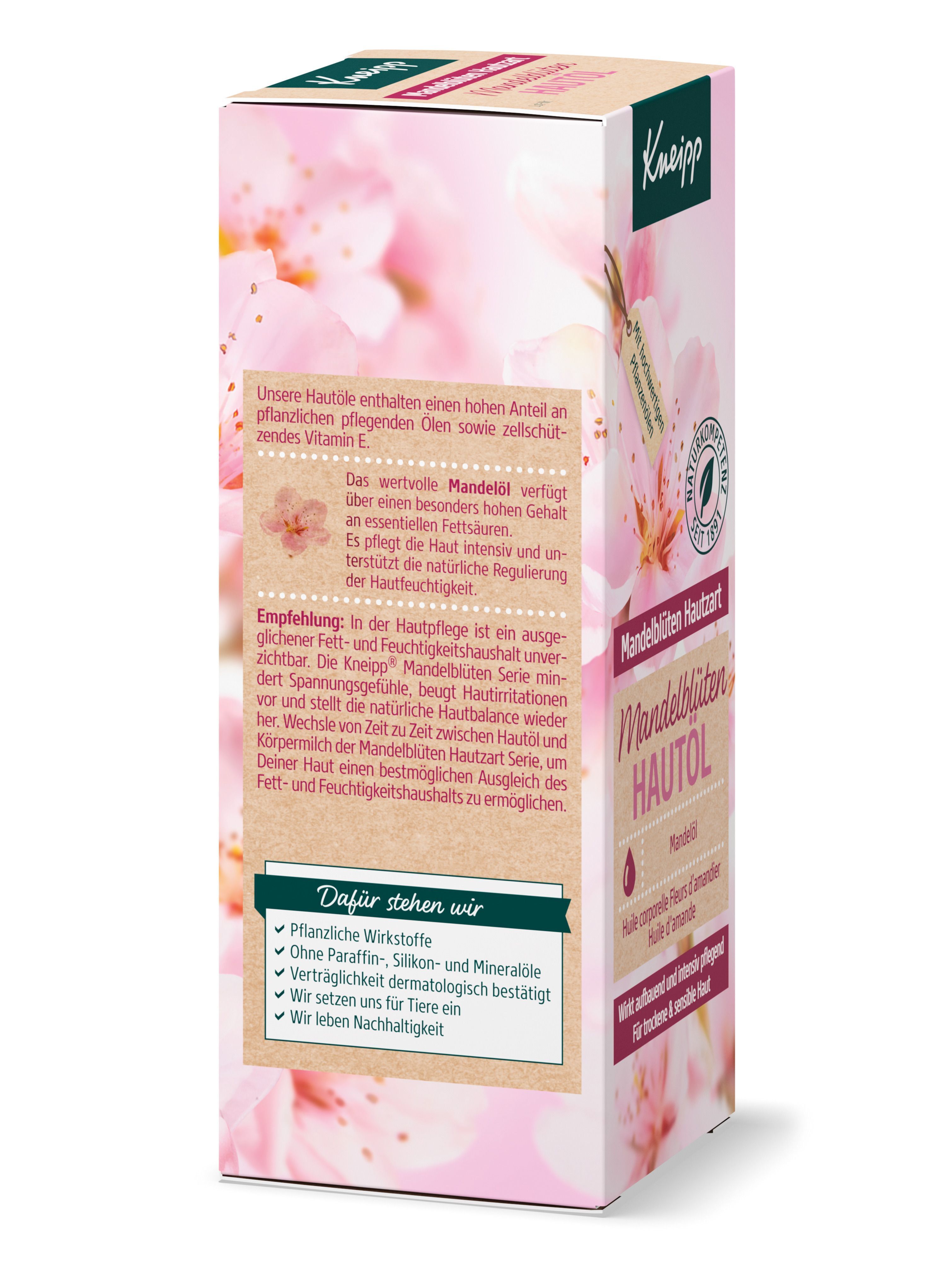 Rückseite der Verpackung. Text über Mandelöl und Inhaltsstoffe. Marke: Kneipp. Mit Zertifizierungen und Qualitätssiegeln.