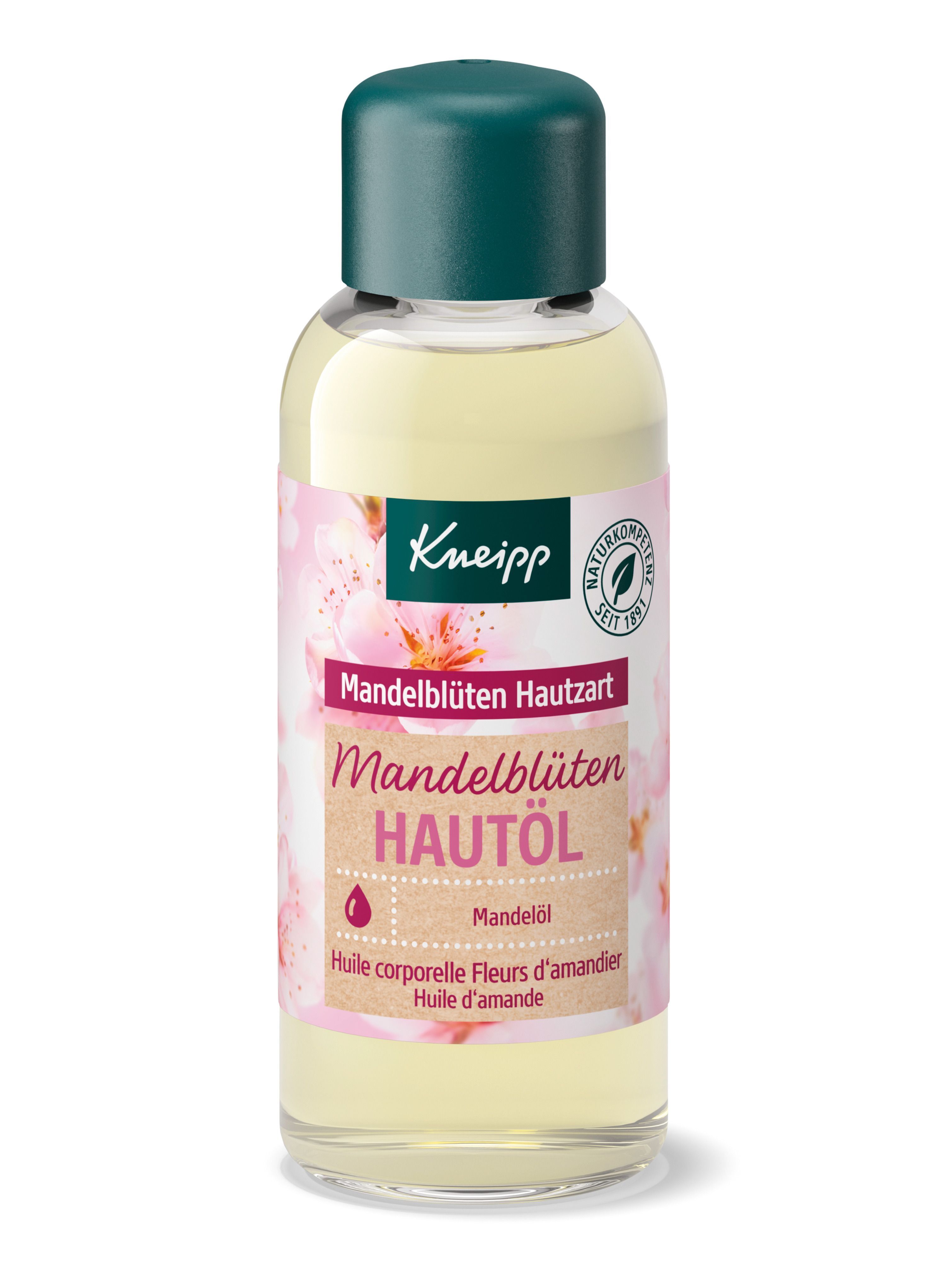 Flasche Mandelblüten Hautöl. Marke: Kneipp. Text: Mandelblüten Hautöl. Flasche mit grünem Deckel.