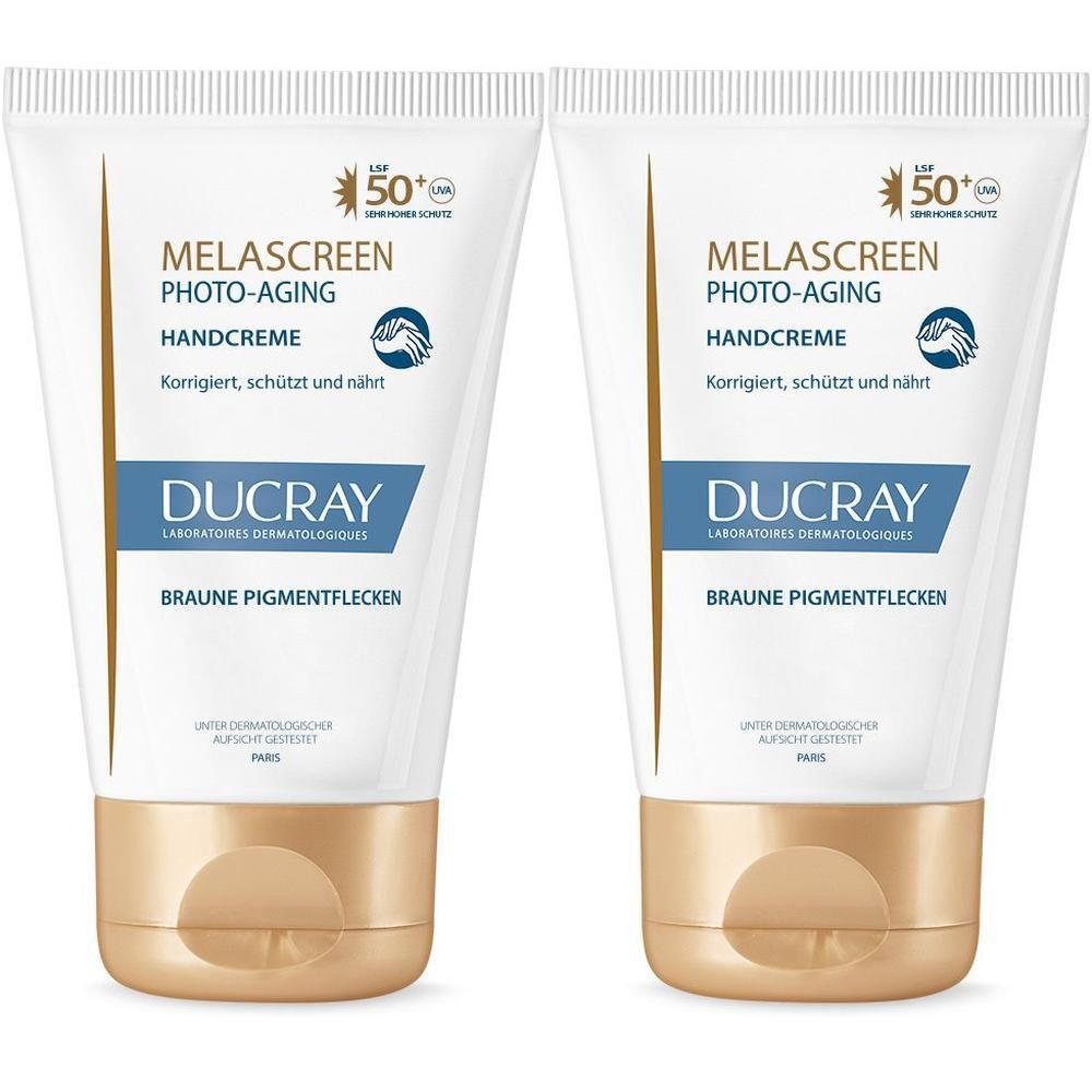 Zwei Tuben Handcreme. Aufschrift: MELASCREEN PHOTO-AGING Handcreme. Mit LSF 50+ und DUCRAY Logo. Braune Pigmentflecken.