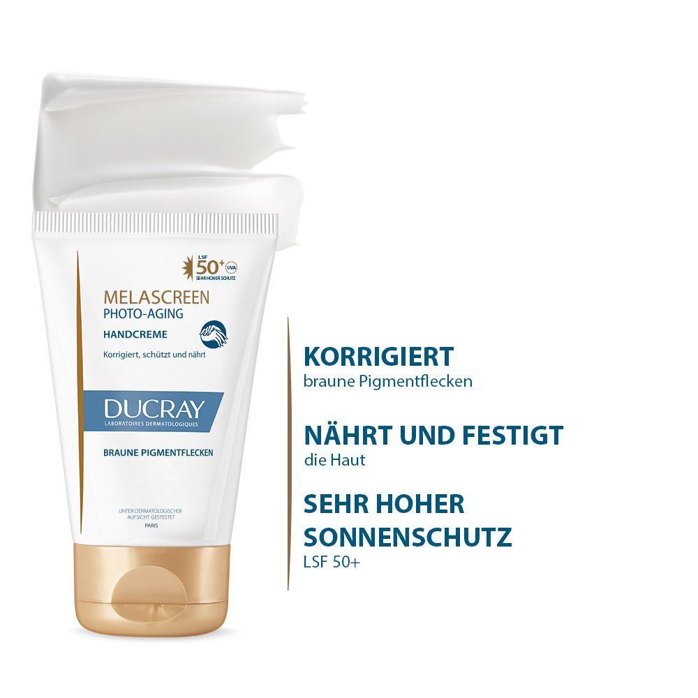 Handcreme-Tube mit Creme-Ausstrich. Aufschrift: MELASCREEN PHOTO-AGING Handcreme. Mit LSF 50+ und DUCRAY Logo. Text: Korrigiert, schützt und nährt.