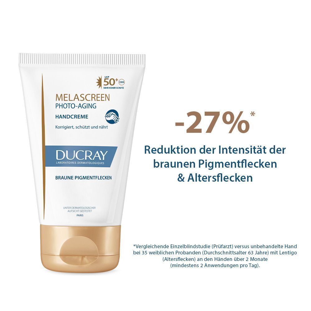 Handcreme-Tube. Aufschrift: MELASCREEN PHOTO-AGING Handcreme. Mit LSF 50+ und DUCRAY Logo. Text: -27% Reduktion der braunen Pigmentflecken.