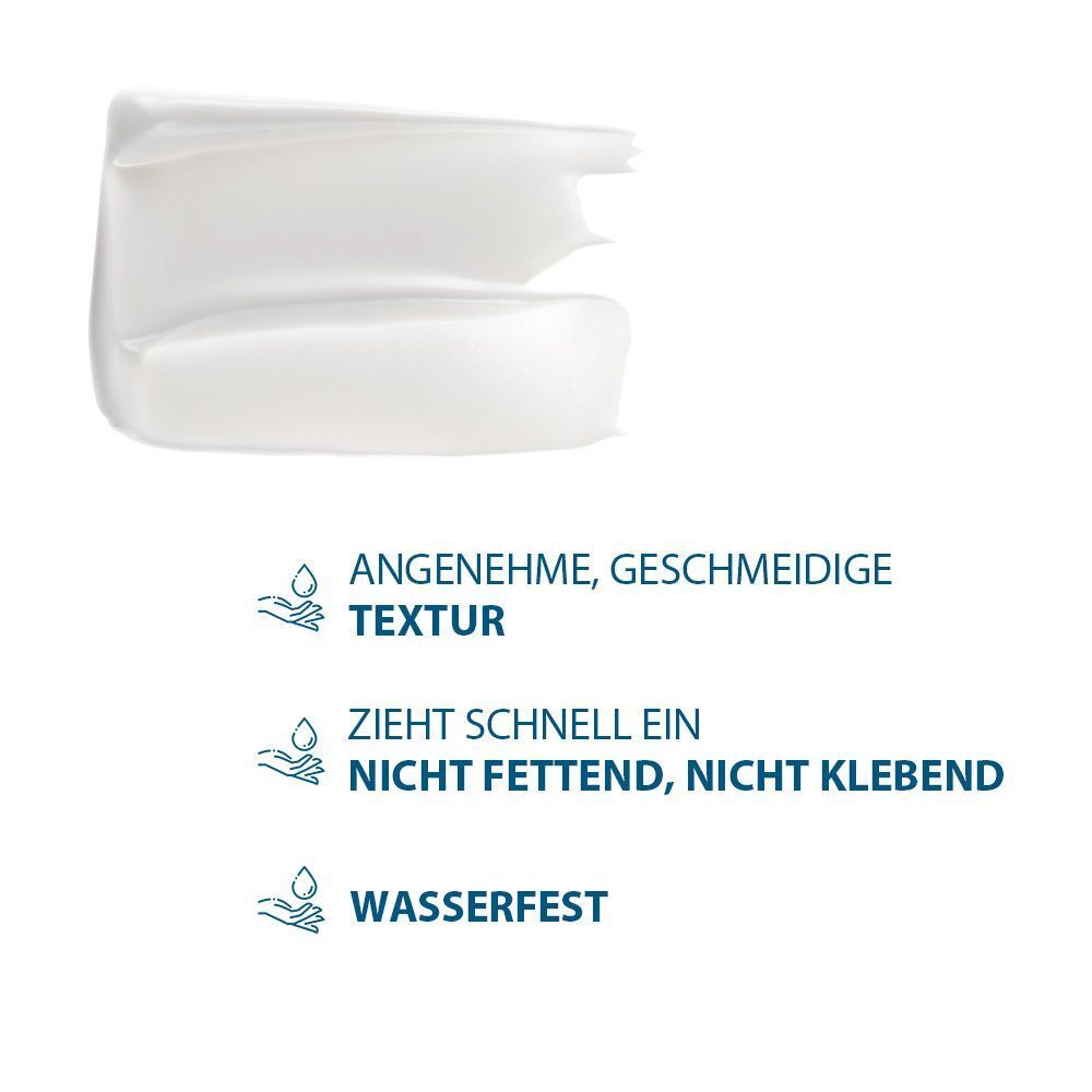 Weißer Creme-Ausstrich. Text: Angenehme, geschmeidige Textur, zieht schnell ein, nicht fettend, nicht klebend, wasserfest.