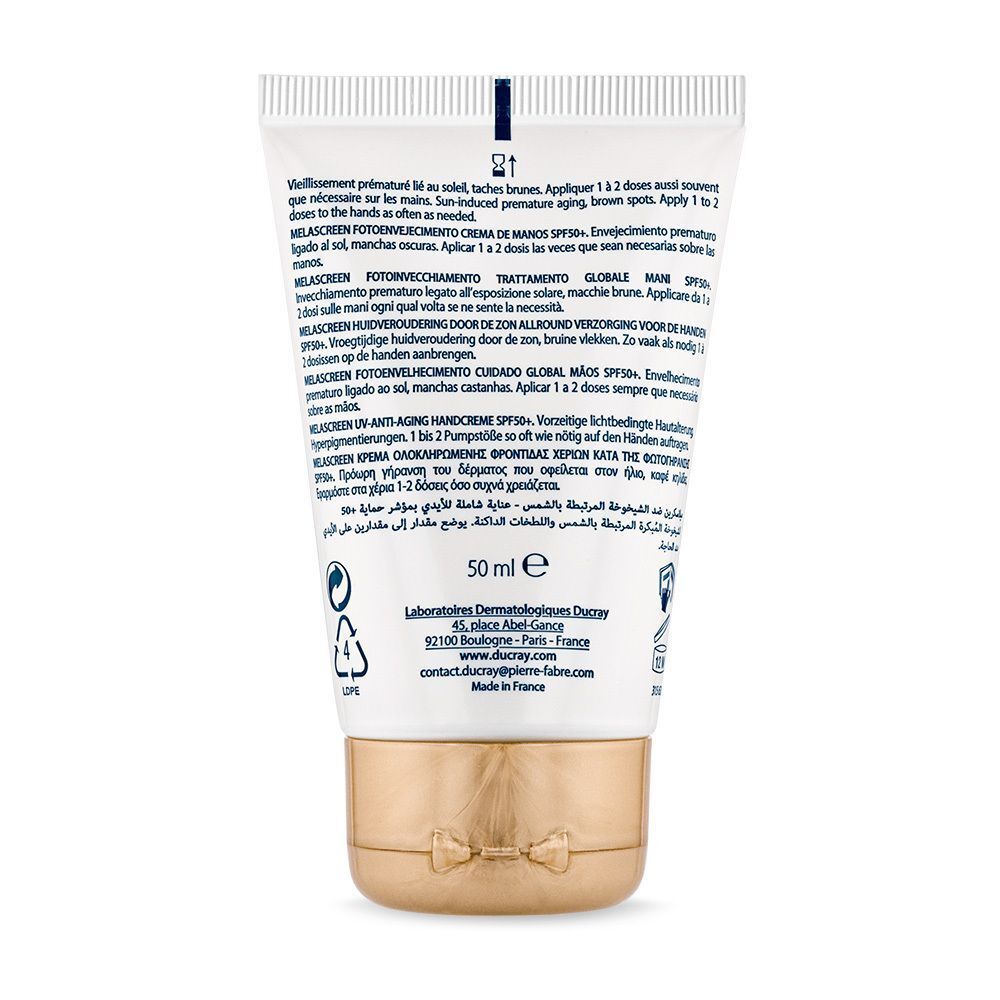 Rückseite der Handcreme-Tube. Text in mehreren Sprachen. Logo: Laboratoires Dermatologiques DUCRAY. 50 ml.