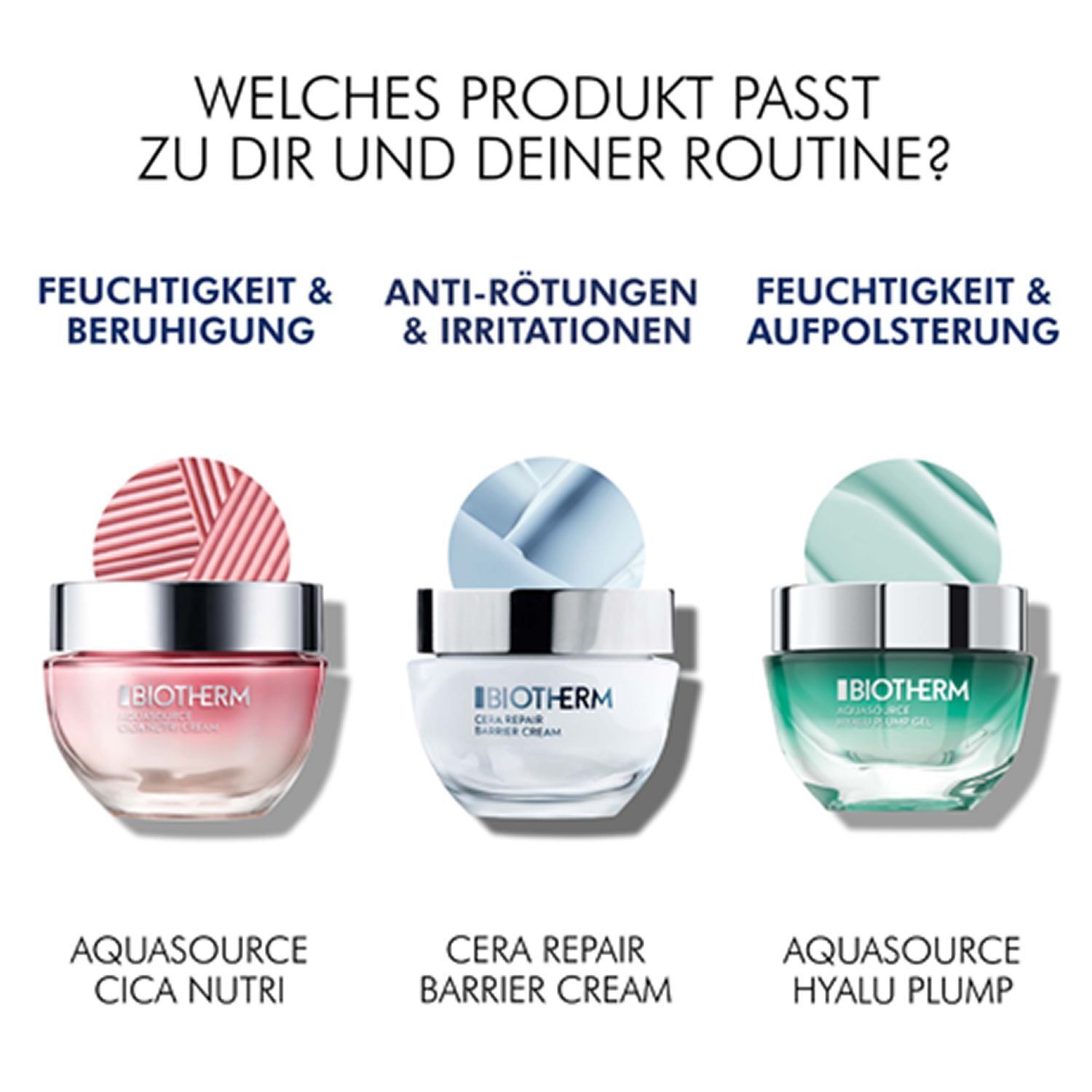 Drei Tiegel: Aquasource Cica Nutri, Cera Repair Barrier Cream und Aquasource Hyalu Plump. Text: Welches Produkt passt zu dir?