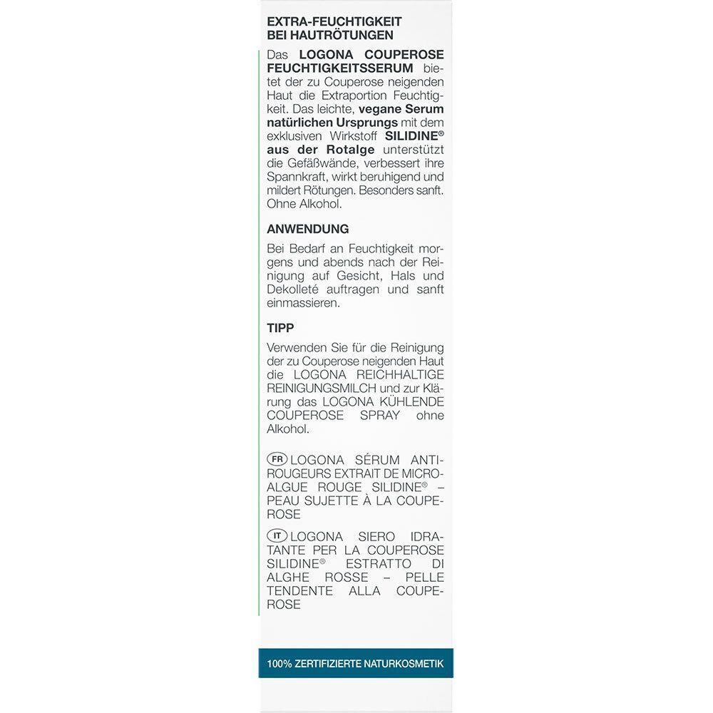 Rückseite der Verpackung des LOGONA Couperose Feuchtigkeits-Serums. Text in deutscher und französischer Sprache. Anwendungshinweise.