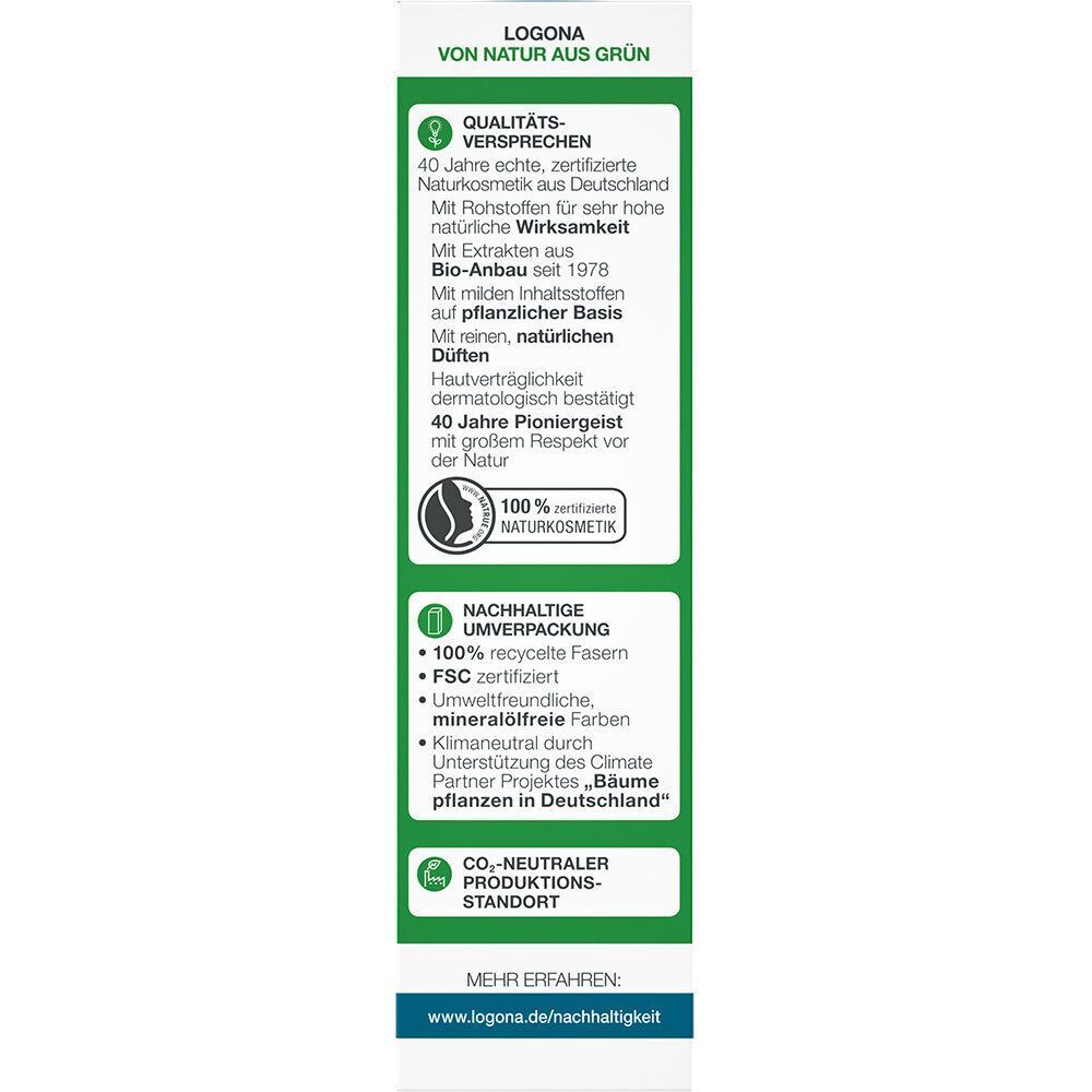Seite der Verpackung des LOGONA Couperose Feuchtigkeits-Serums. Text über Nachhaltigkeit und Qualität. FSC-Siegel.