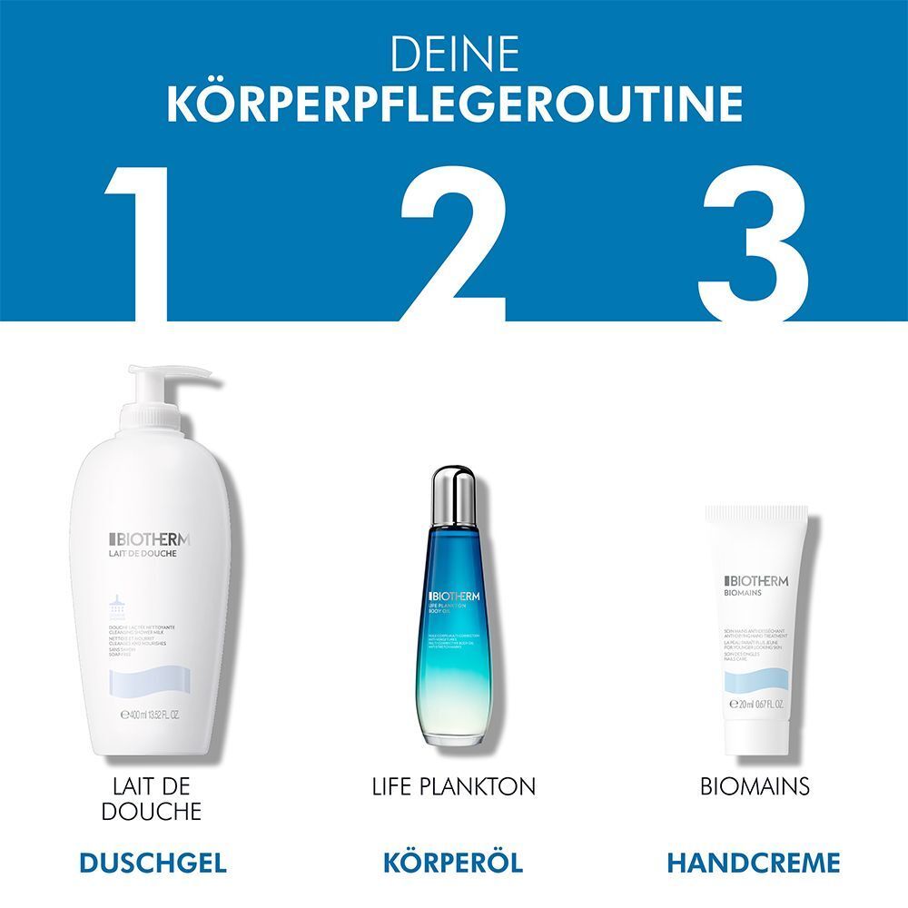 Drei Produkte: BIOTHERM Lait de Douche, Life Plankton Körperöl und BIOMAINS Handcreme. Anordnung: 1, 2, 3. Hintergrund: blau.
