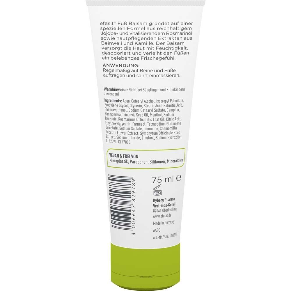 Rückseite einer Tube efasit® FUSS BALSAM. Text: Inhaltsstoffe, Anwendung, vegan & frei von. Volumen: 75 ml. Herstellerinformationen.