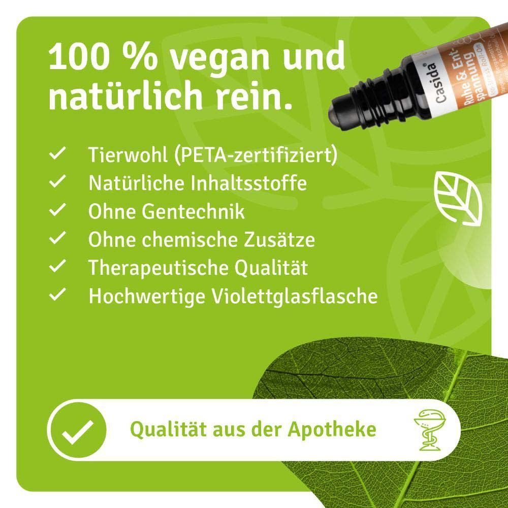 Roll-On-Flasche. Aufschrift: Casida, Ruhe & Entspannung. 100% vegan und natürlich rein. PETA-zertifiziert, ohne Gentechnik, ohne Zusätze.