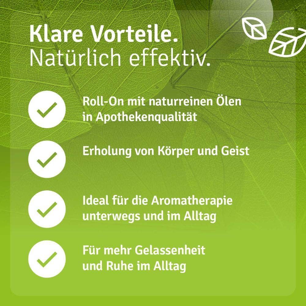 Aufzählung: Roll-On mit naturreinen Ölen, Erholung für Körper und Geist, ideal für Aromatherapie, für mehr Gelassenheit und Ruhe.