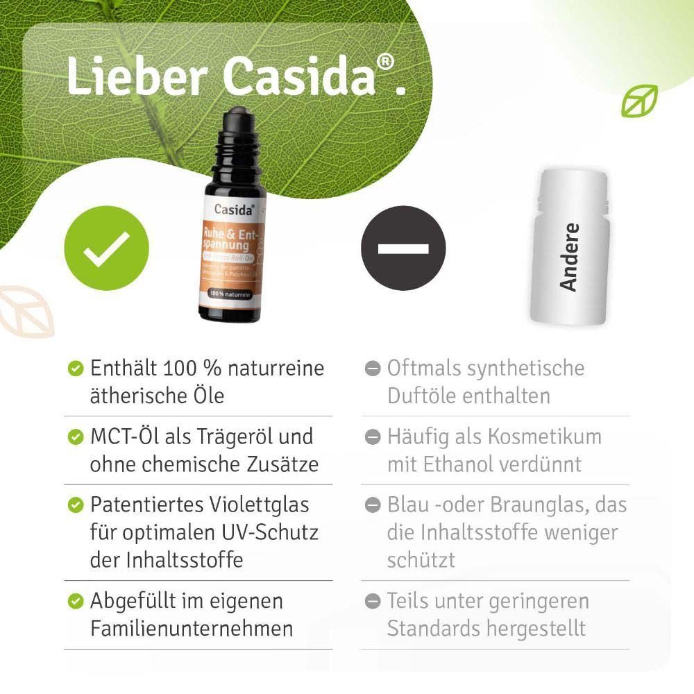 Roll-On-Flasche. Enthält 100% naturreine ätherische Öle. Violettglas für UV-Schutz. Abgefüllt im Familienunternehmen.