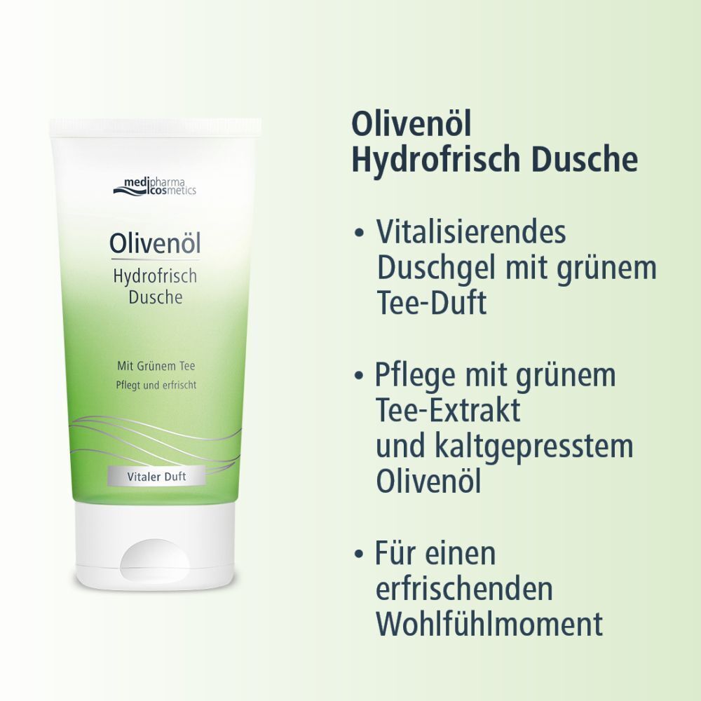 Tube Olivenöl Hydrofrisch Dusche. Weiße Tube mit grünem Farbverlauf und Schrift. Text: Mit Grünem Tee, Vitaler Duft. Text daneben.