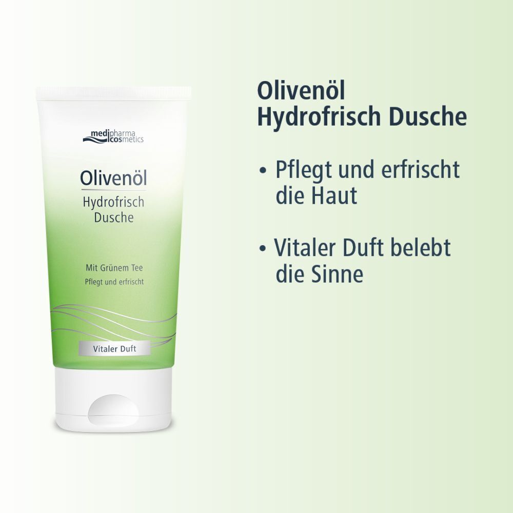 Tube Olivenöl Hydrofrisch Dusche. Weiße Tube mit grünem Farbverlauf und Schrift. Text: Mit Grünem Tee, Vitaler Duft. Text daneben.
