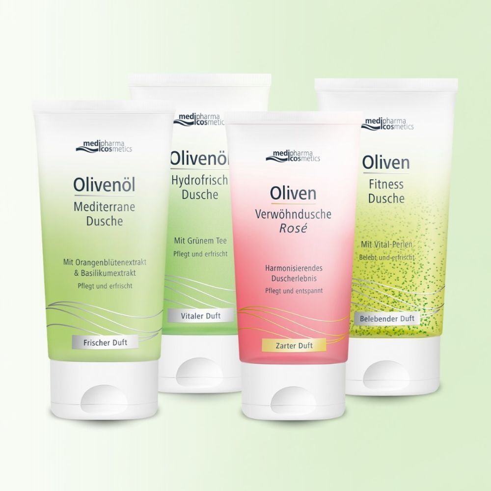 Vier Tuben Duschgel. Verschiedene Farben und Aufschriften. Olivenöl Hydrofrisch Dusche, Oliven Verwöhndusche Rose, Oliven Fitness Dusche.