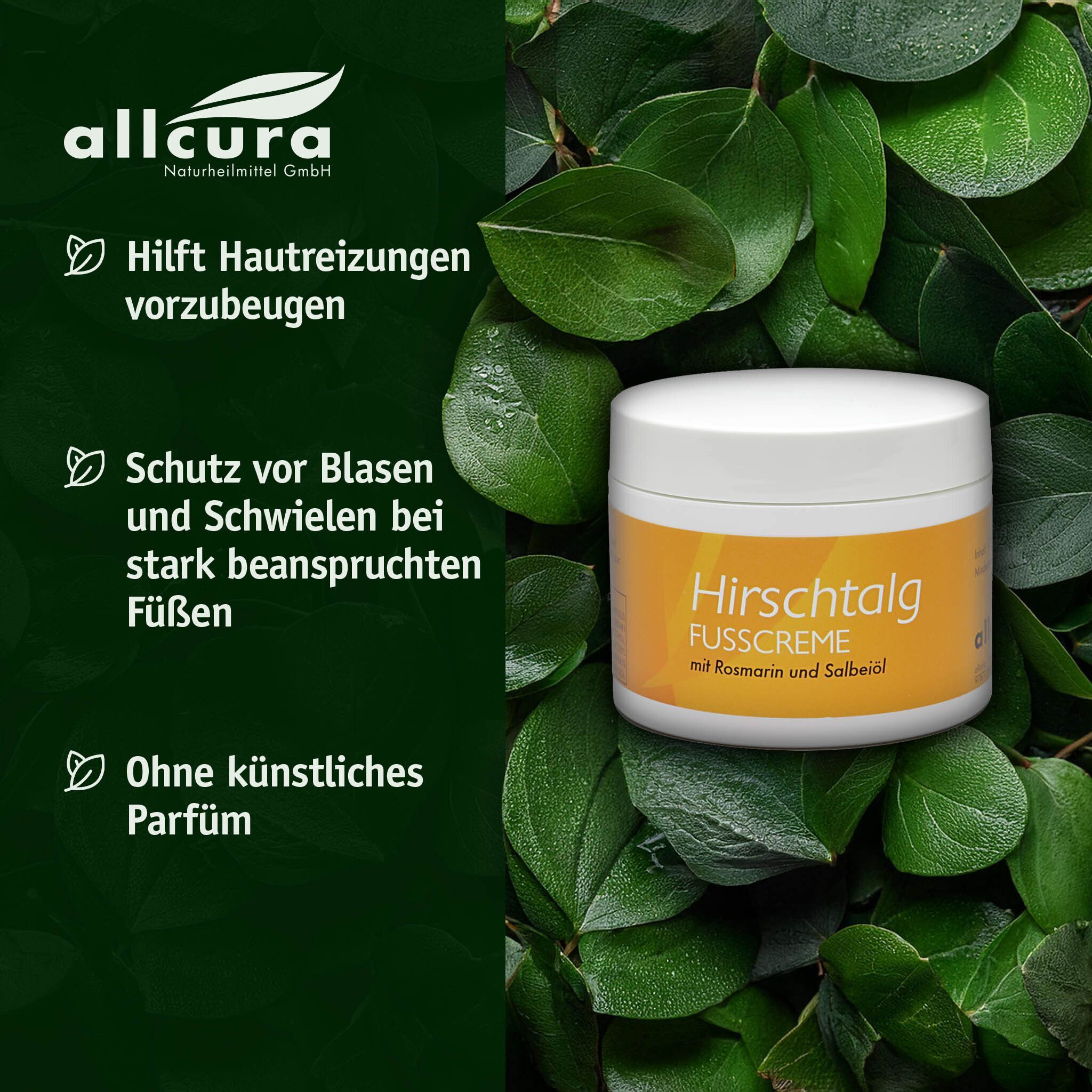Tiegel Hirschtalg Fusscreme mit Rosmarin und Salbeiöl. Auf grünem Blattwerk. Text: Hilft Hautreizungen vorzubeugen, Schutz vor Blasen.