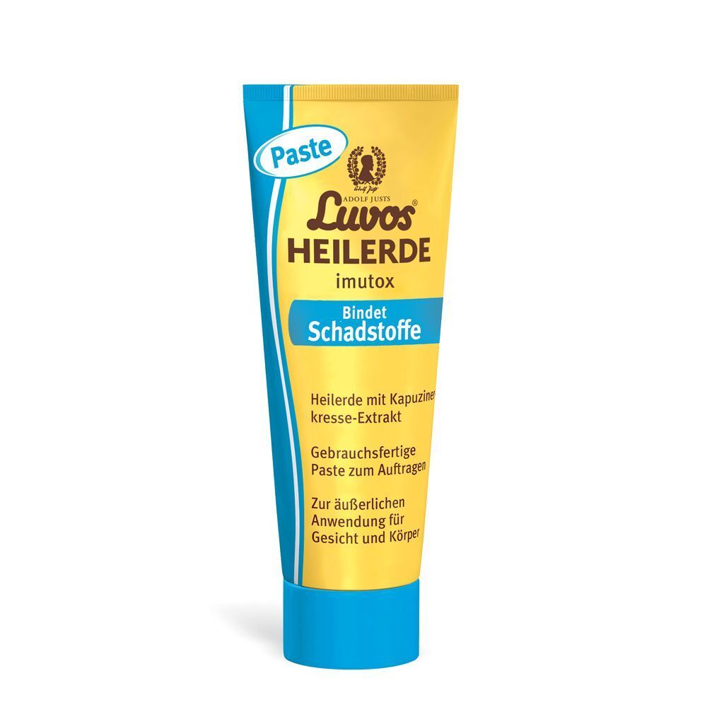 Gelbe Tube Luvos Heilerde imutox Paste. Blaue Kappe. Schriftzug: Bindet Schadstoffe. Heilerde mit Kapuzinerkresse-Extrakt.