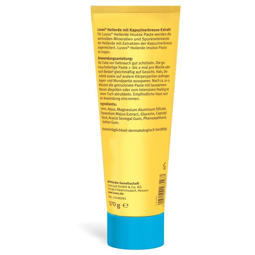 Rückseite der gelben Tube Luvos Heilerde imutox. Text: Anwendung, Inhaltsstoffe, Hersteller. 370 g.