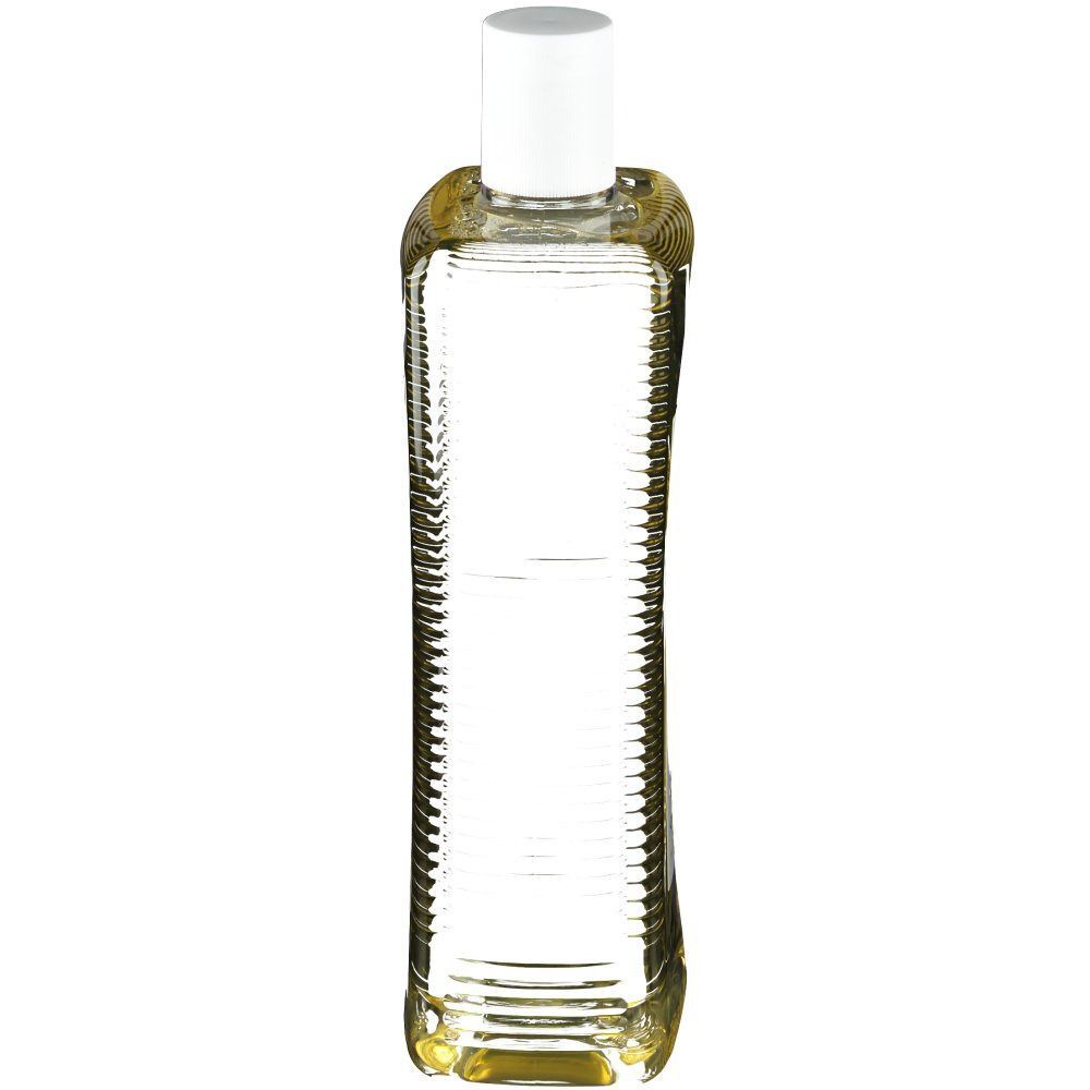Flasche Ölbad Indische Melisse. Rechteckige Form mit geriffelten Seiten, transparente Flüssigkeit, weißer Verschluss.
