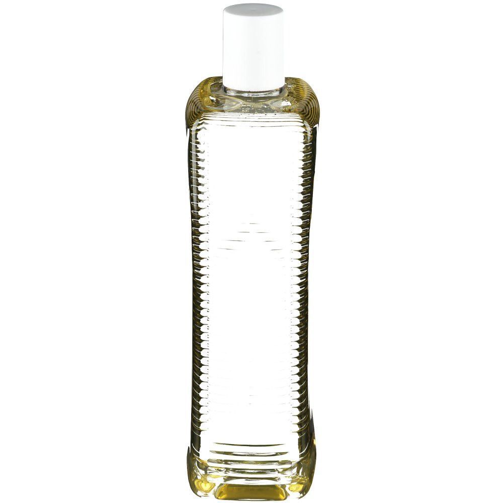 Flasche Ölbad Indische Melisse. Rechteckige Form mit geriffelten Seiten, transparente Flüssigkeit, weißer Verschluss.