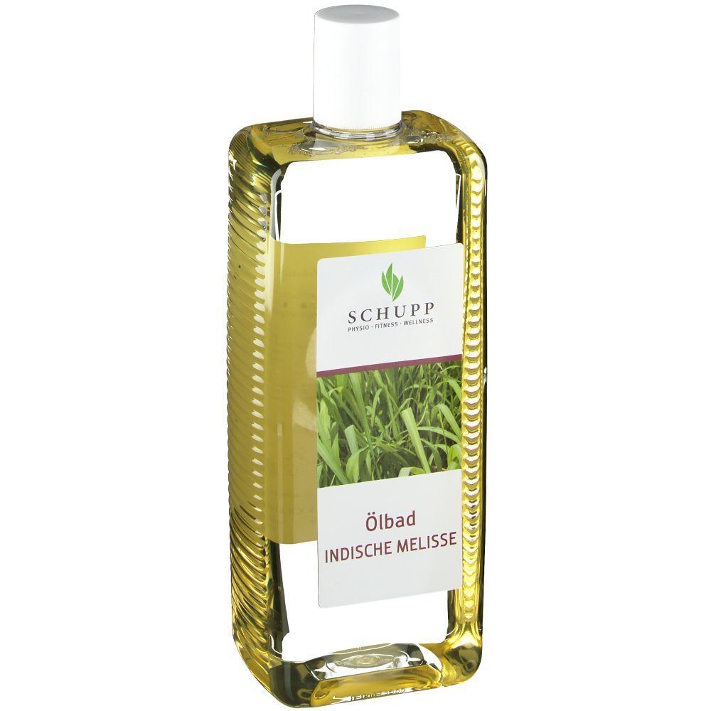 Flasche Ölbad Indische Melisse. Rechteckige Form, transparente Flüssigkeit, weißer Verschluss. Etikett mit Logo und Pflanzenmotiv.
