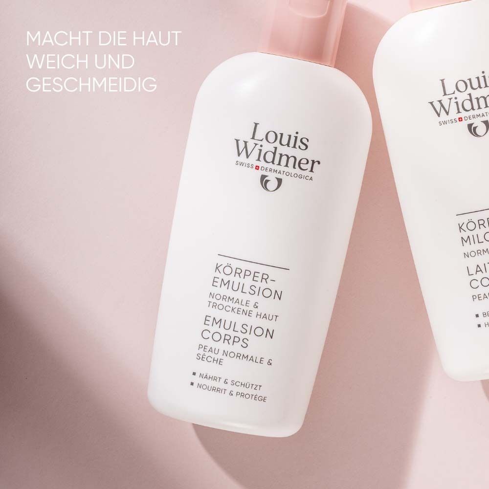 Nahaufnahme von zwei weißen Flaschen mit rosa Deckel. Aufschrift: Louis Widmer, Körperemulsion, für normale und trockene Haut.