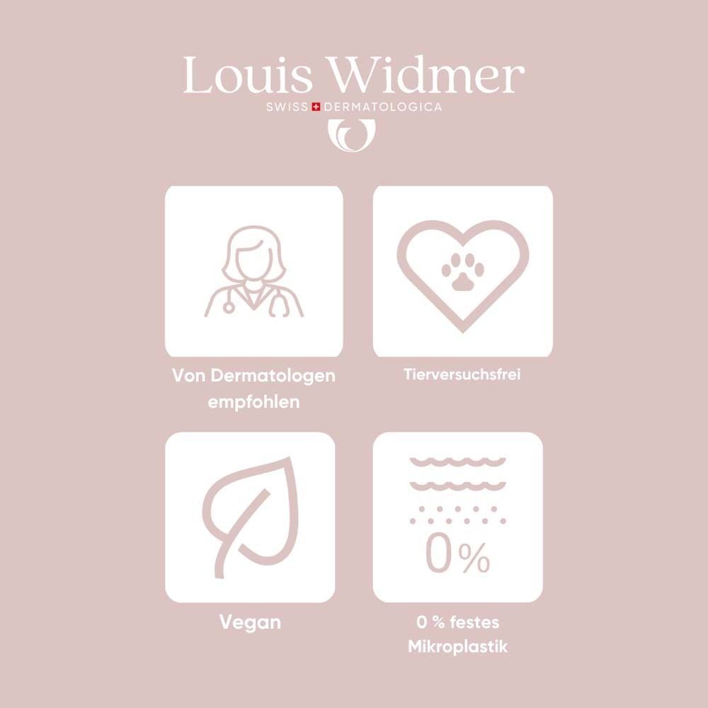 Vier Quadrate mit Symbolen. Dermatologisch empfohlen, Tierversuchsfrei, Vegan, 0% festes Mikroplastik.