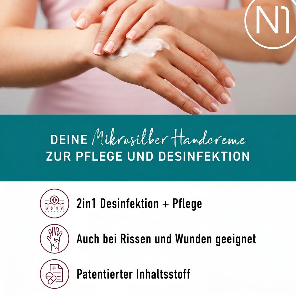 Eine Hand wird mit N1 Mikrosilber Handcreme eingecremt.