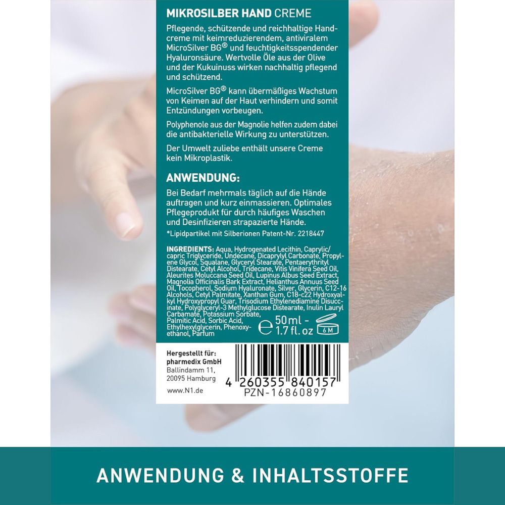 Rückseite einer Tube N1 Mikrosilber Handcreme mit Inhaltsstoffen.