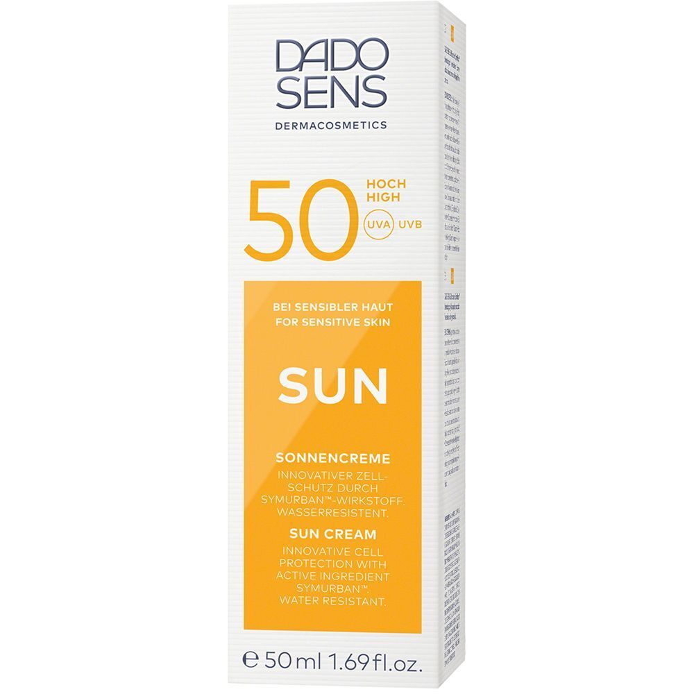 Verpackung DADO SENS Sonnencreme 50, weiß mit orangefarbenem Aufdruck, für empfindliche Haut.