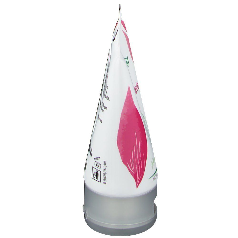 Ansicht einer Tube Bergland Intim After Shave. Weiße Tube mit rosa Blütenmuster. Grauer Verschluss.