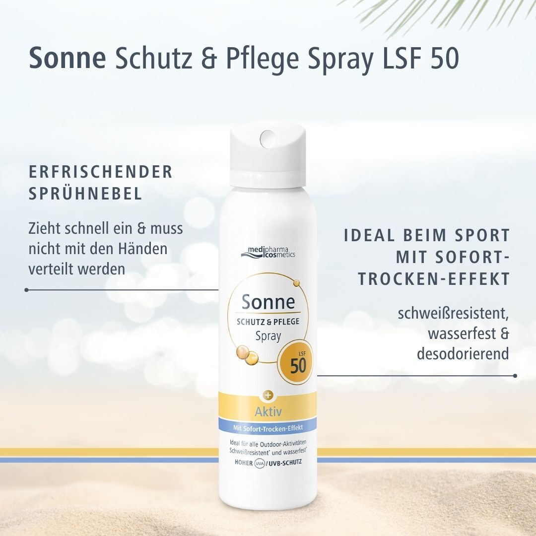 Weißes Aerosolspray mit gelben und blauen Akzenten. Aufschrift: Sonne Schutz & Pflege Spray LSF 50. Ideal beim Sport. Marke: medipharma cosmetics.