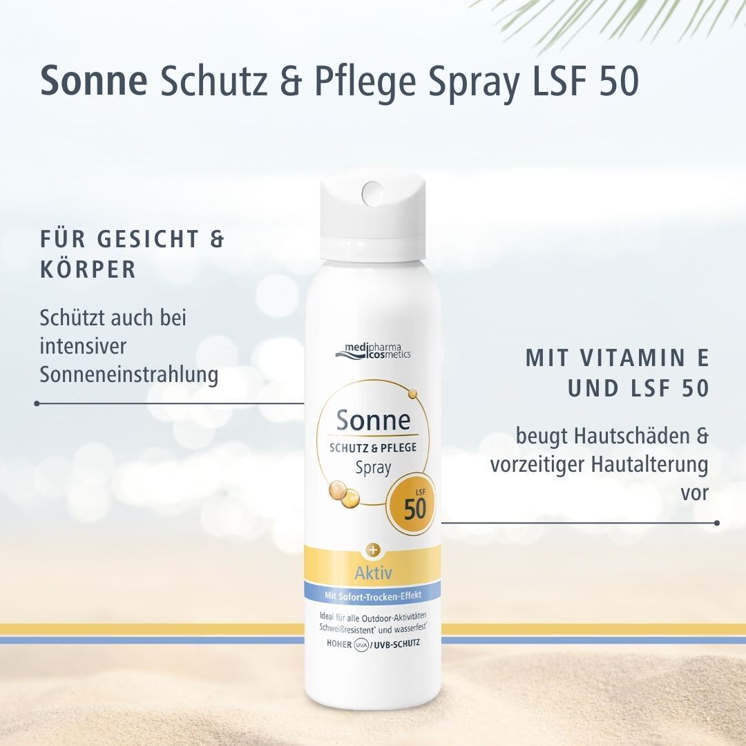 Weißes Aerosolspray mit gelben und blauen Akzenten. Aufschrift: Sonne Schutz & Pflege Spray LSF 50. Für Gesicht & Körper. Mit Vitamin E.