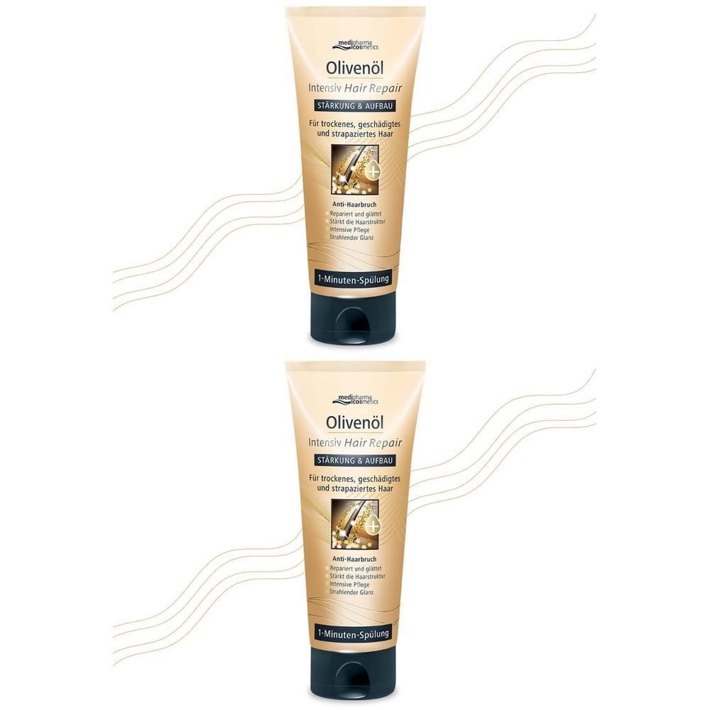 Zwei Tuben Olivenöl Intensiv Hair Repair. Beige Tuben mit schwarzem Deckel. Text: Intensiv Hair Repair, 1-Minuten-Spülung.
