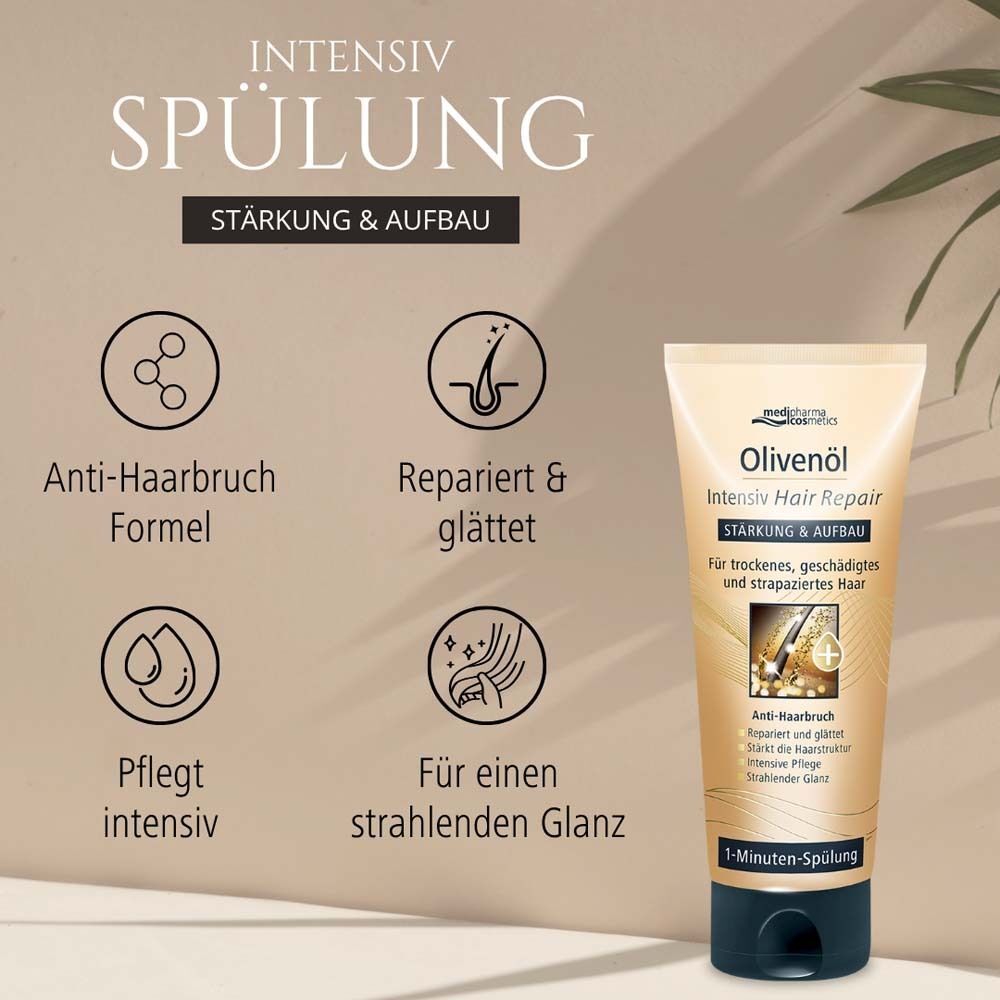 Tube Olivenöl Intensiv Hair Repair. Text: Intensiv Spülung, Stärkung & Aufbau. Icons: Anti-Haarbruch Formel, Repariert & glättet, etc.