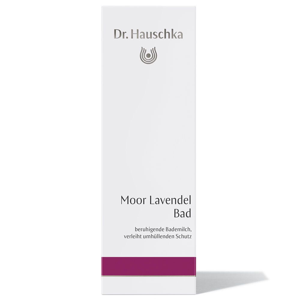 Verpackung Dr. Hauschka Moor Lavendel Bad, weiß mit lila Band.