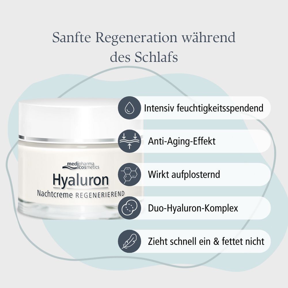 Tiegel Nachtcreme. Aufschrift: Hyaluron Nachtcreme Regenerierend. Text: Intensiv feuchtigkeitsspendend, Anti-Aging-Effekt, wirkt aufpolsternd, Duo-Hyaluron-Komplex, zieht schnell ein & fettet nicht.