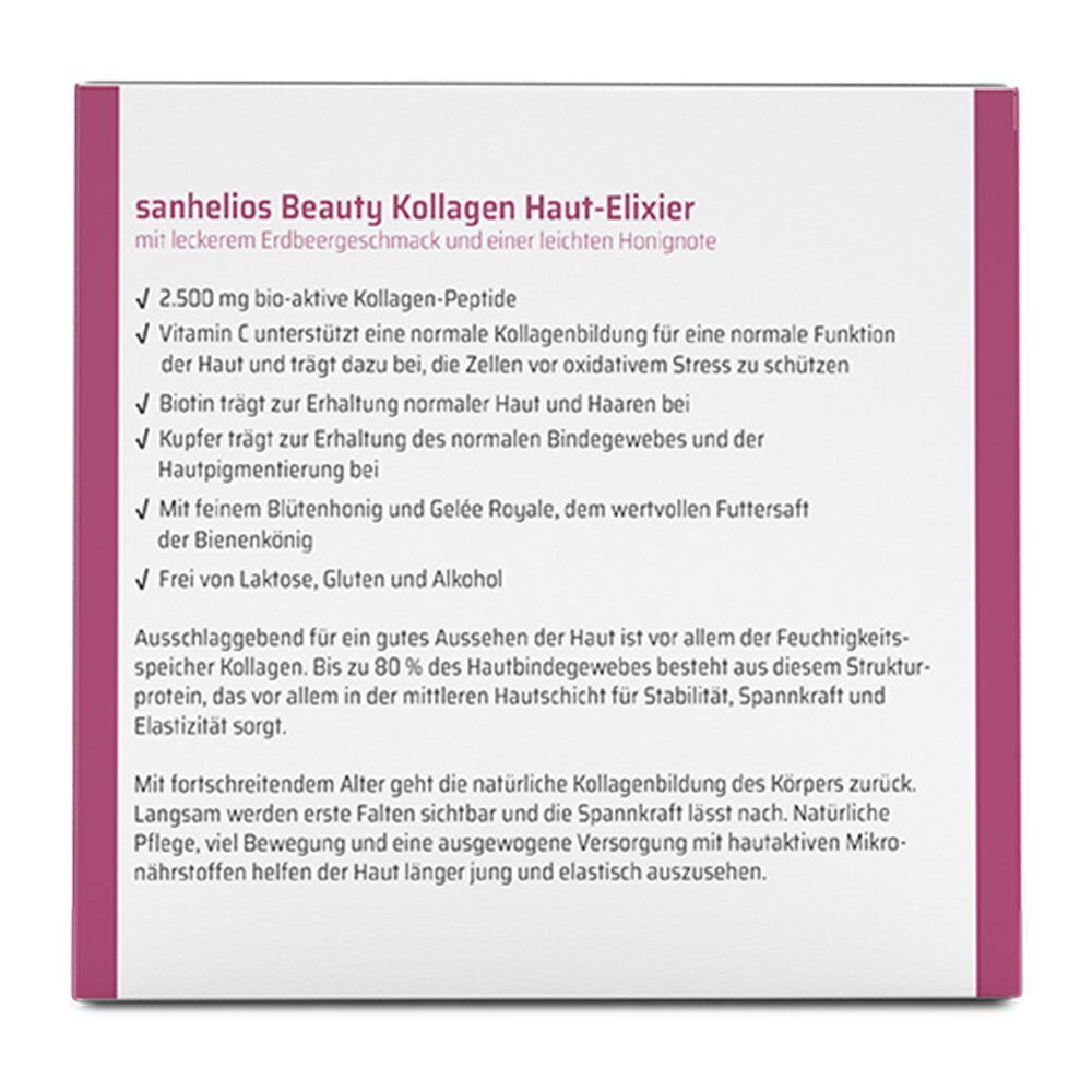 Rückseite der Sanhelios Beauty Kollagen Haut Elixir-Verpackung. Text: Vorteile, Inhaltsstoffe, Hinweise. Erdbeergeschmack.
