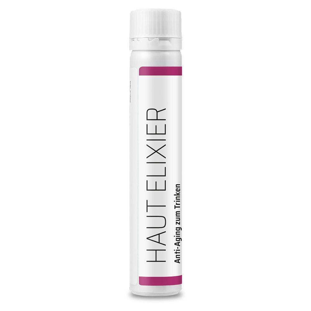 Trinkampulle Sanhelios Haut Elixir. Weiß mit pinkfarbenen Akzenten. Text: Haut Elixir, Anti-Aging zum Trinken.