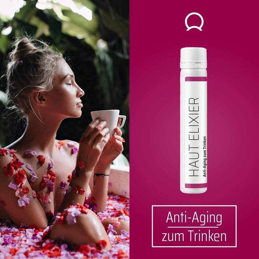 Frau in Badewanne mit Trinkampulle Sanhelios Haut Elixir. Text: Haut Elixir, Anti-Aging zum Trinken. Hintergrund: pink.