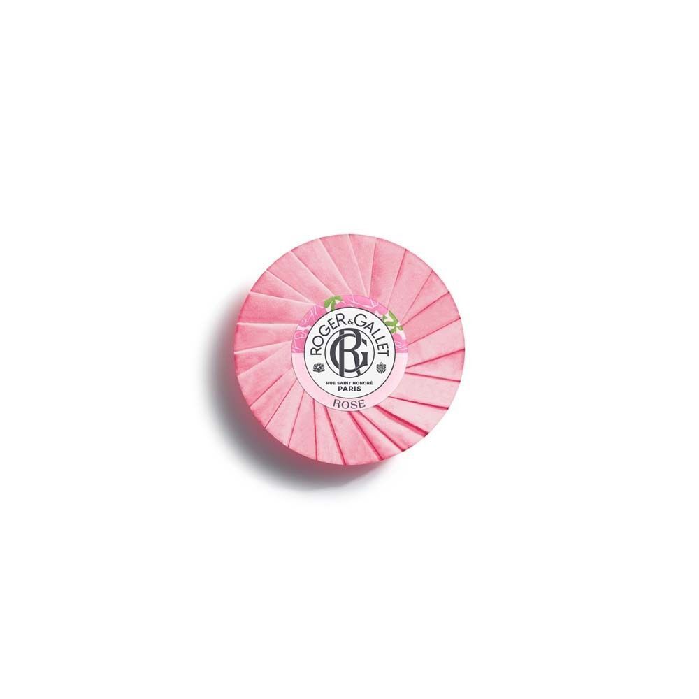 Runde, rosa Seife mit rosa Papierverpackung. Aufdruck: ROGER&GALLET, Rose.