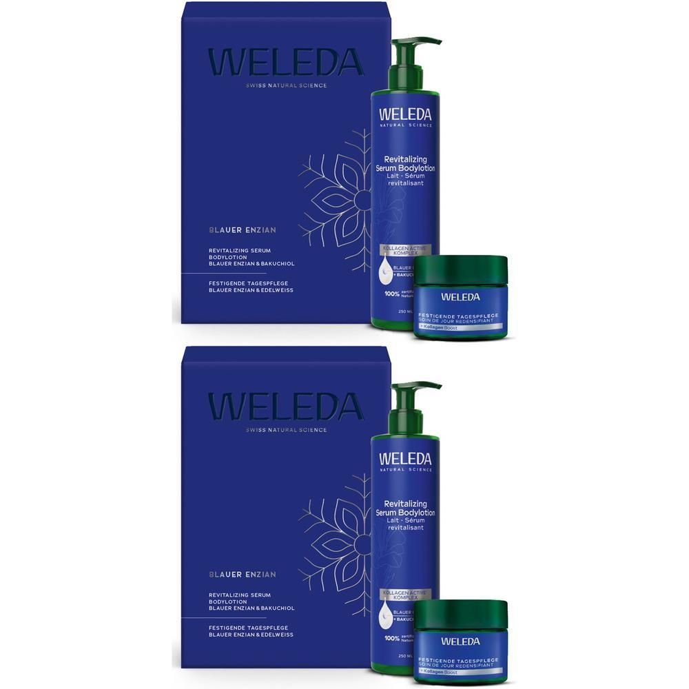 Geschenkset mit blauer Verpackung, Lotion und Creme. Enthält Produkte von WELEDA. Sichtbar: Blauer Enzian.