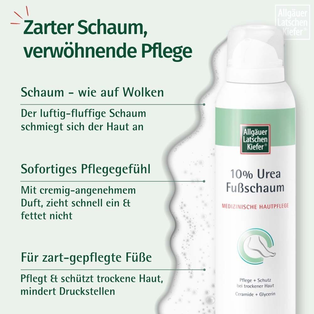 Weiße Sprühflasche mit grünem Etikett. Aufschrift: 10% Urea Fußschaum. Medizinische Hautpflege. Marke: Allgäuer Latschenkiefer. Text: Zarter Schaum, verwöhnende Pflege.
