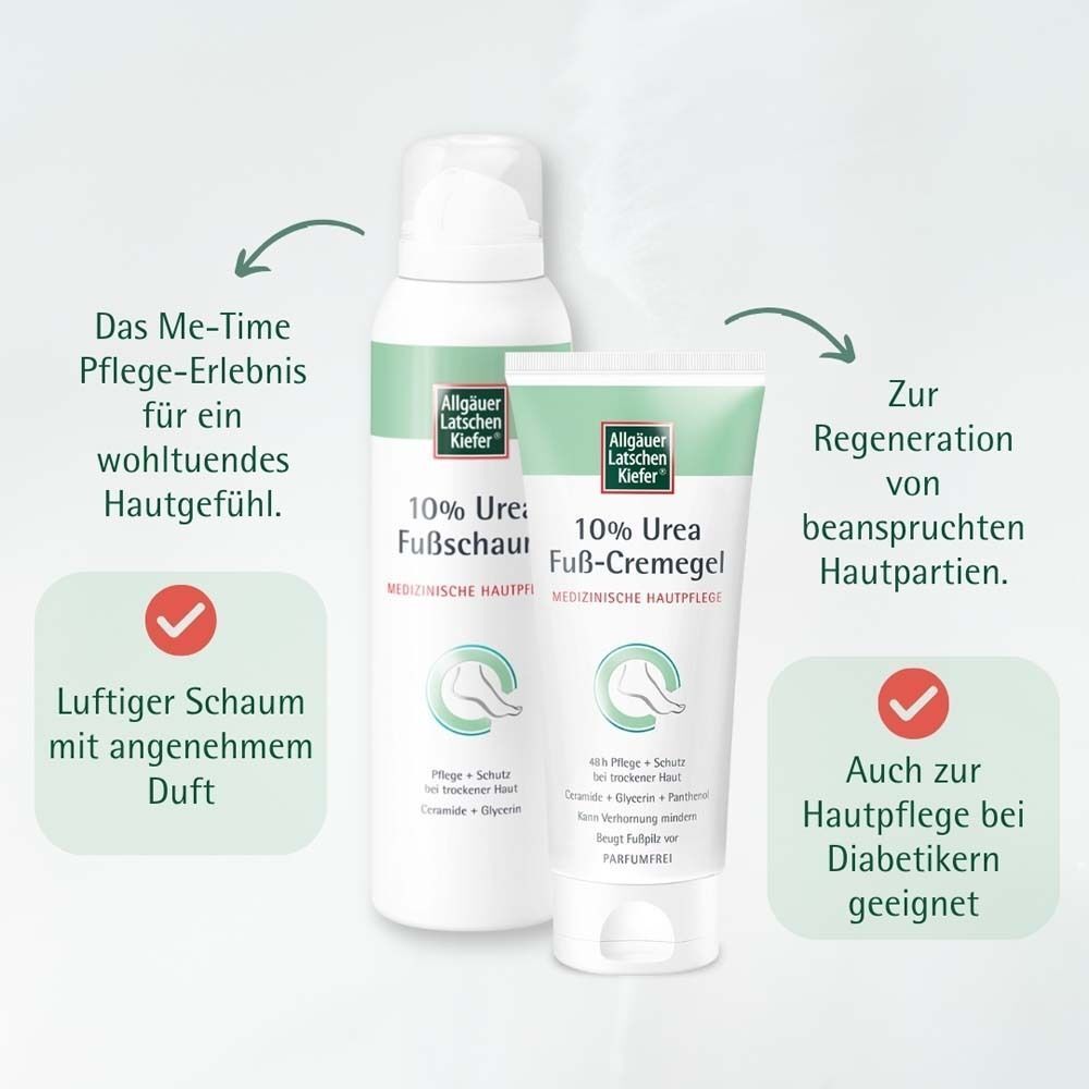 Weiße Sprühflasche und Tube mit grünem Etikett. Aufschrift: 10% Urea Fußschaum und Fuß-Creme. Marke: Allgäuer Latschenkiefer. Text: Me-Time Pflege-Erlebnis.