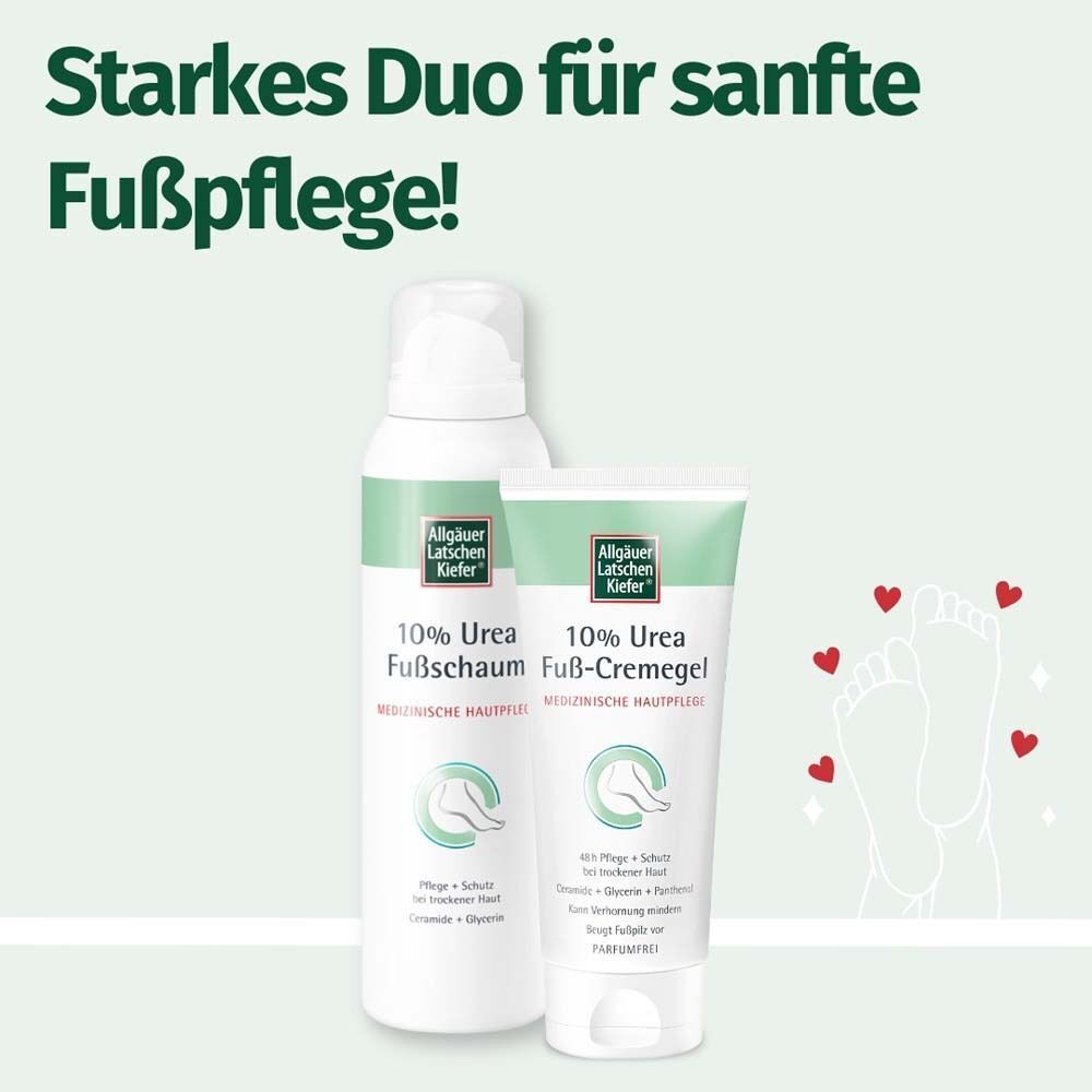 Weiße Sprühflasche und Tube mit grünem Etikett. Aufschrift: 10% Urea Fußschaum und Fuß-Creme. Marke: Allgäuer Latschenkiefer. Text: Starkes Duo für sanfte Fußpflege!