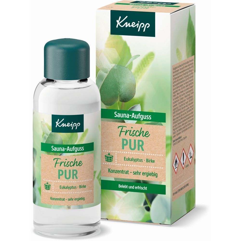 Flasche Kneipp® Sauna-Aufguss Frische Pur mit Verpackung. Flasche mit grünem Deckel, Etikett mit Produktnamen. Verpackung mit Blättern.