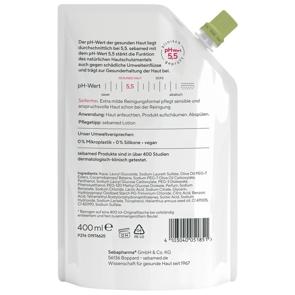 Rückseite des Nachfüllbeutels Sebamed Waschemulsion Olive. Text: pH-Wert 5,5, 400ml, Inhaltsstoffe, vegan, dermatologisch getestet.
