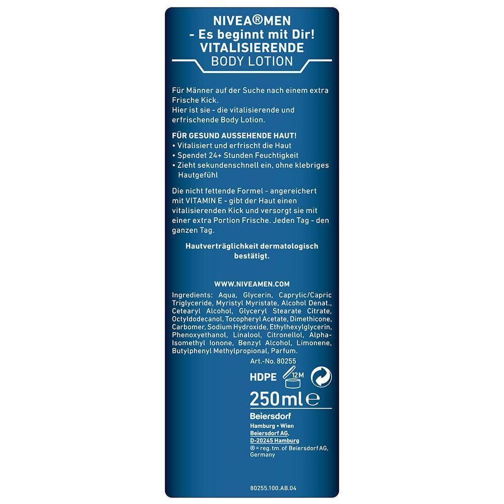 Rückseite einer blauen NIVEA MEN Body Lotion Flasche. Text: Vitalisierende Body Lotion, Inhaltsstoffe, 250ml, HDPE.