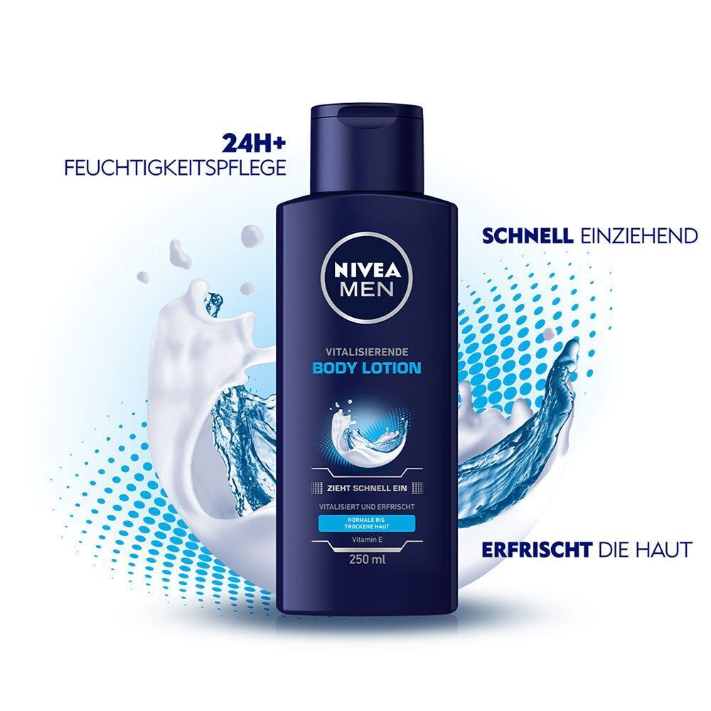 Blaue NIVEA MEN Body Lotion Flasche mit Wasser- und Milchspritzern. Aufschrift: Vitalisierende Body Lotion, 250 ml.