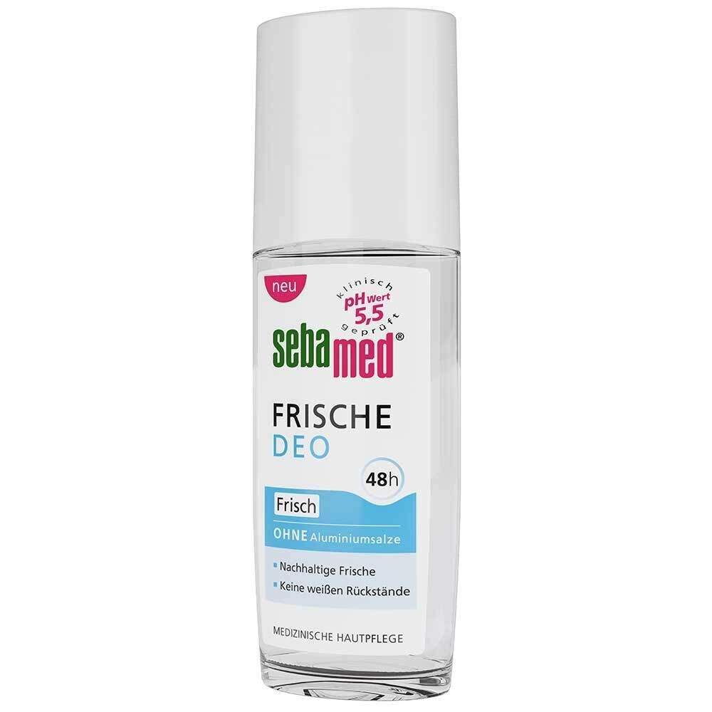 Transparentes Deo-Spray mit weißem Deckel. Aufschrift: Sebamed, Frische Deo, 48h. pH 5.5. Ohne Aluminiumsalze. Neu.
