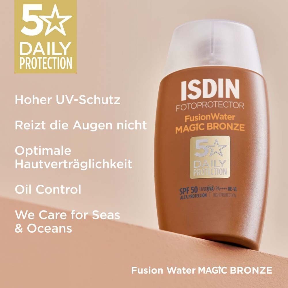 ISDIN Fusion Water Magic Bronze Flasche. Text: 5 Daily Protection, SPF 50, hoher UV-Schutz.